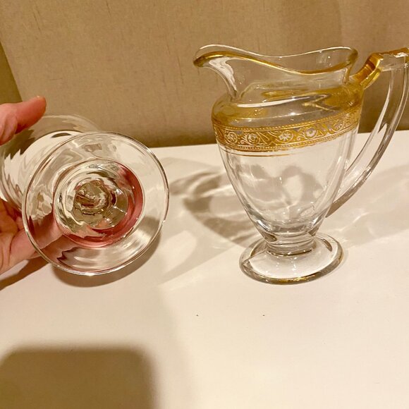 Vintage Wine Goblet & Carafe Set with Gold Leaf Band, Made in Italy, Elegant Déc - Picture 6 of 7